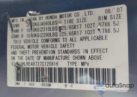 2007 Honda Cr-V Ex-L from USA, damaged, VIN JHLRE48727C120816